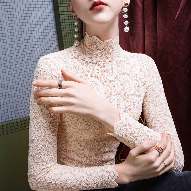 Autumn and Winter Lace Base Shirt for Women, High Collar, Fleece-Lined, Slim Fit, Stylish and Sexy, Mesh Women's T-Shirt Top