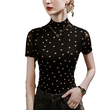 ເສື້ອຍືດຄໍເຕົ່າເຄິ່ງ polka dot printed mesh bottoming shirt for women with short sleeves