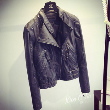 2025 Spring and Autumn New Leather Jacket for Women, Short Korean Style Slim Fit, Fleece-Lined and Thickened, Black Motorcycle Leather Jacket