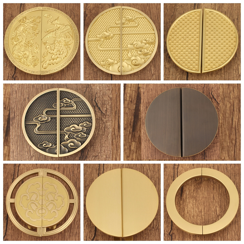 New Chinese open door handle round light lavish wardrobe door drawer overall cupboard furniture golden Xiangyun semi-circle copper handle