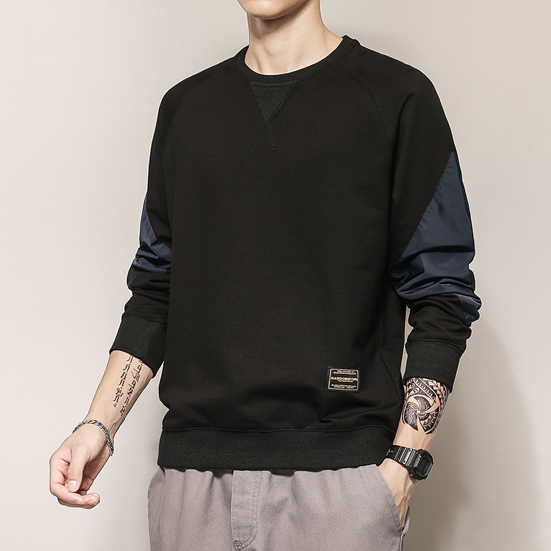 Men's thick T-shirt loose plus velvet thick spring autumn and winter trendy brand new handsome Korean trend stitching long-sleeved T-shirt