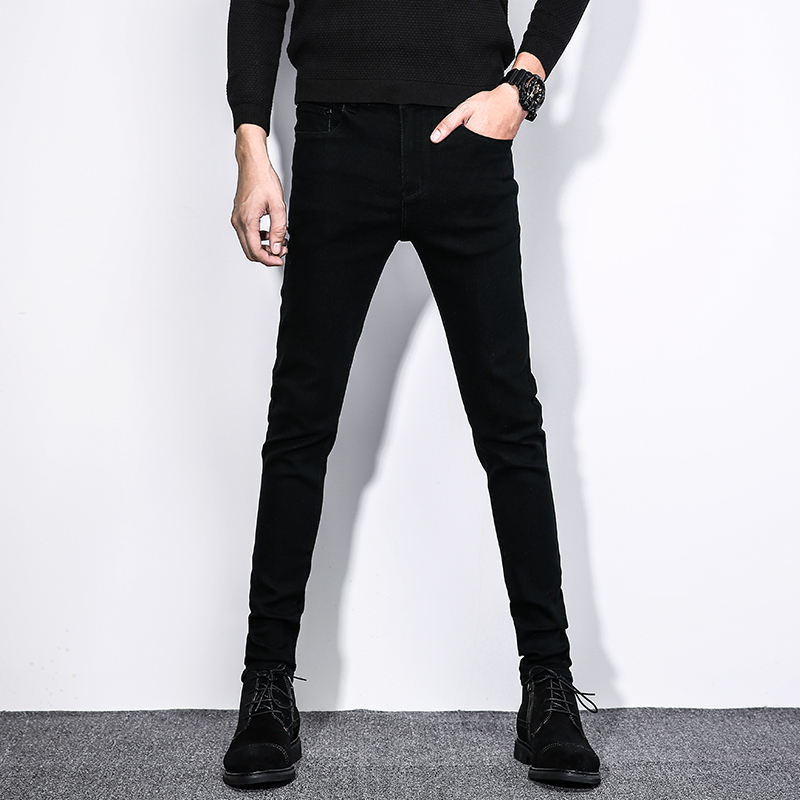 Pure black tide brand jeans men's slim elastic narrow-footed pants men's handsome Korean version trend all-match casual trousers
