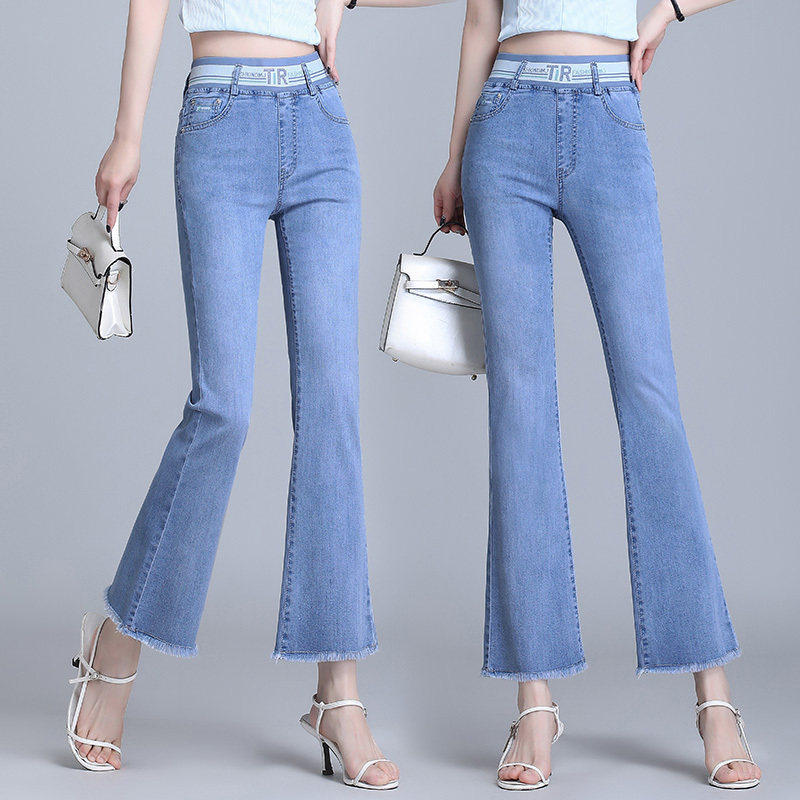 Denim Pants, Ice Silk Thin Style, Cropped Flared Pants for Women, Summer 2026 New Model, Elastic Waist, Slimming, Fashionable Bell-Bottom Pants