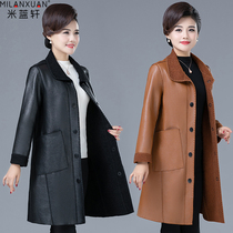 Mom autumn leather jacket plus velvet long coat middle-aged womens autumn and winter windbreaker large size middle-aged female Puskin jacket