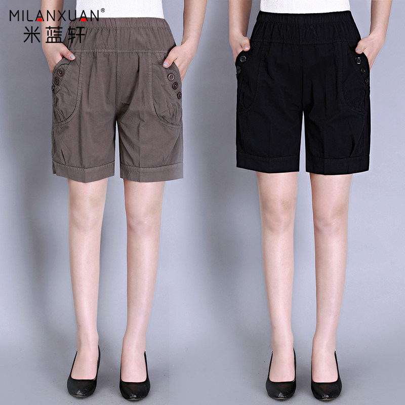 Middle Aged Shorts Women Summer Clothing Mom Pure Cotton Medium Pants 60 Year Old Seniors Tightness High Waist Grandma 50% Total Cotton Pants-Taobao