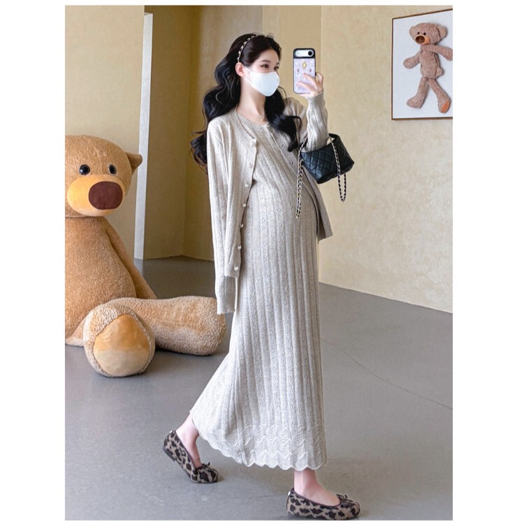 Maternity Suit 2026 Spring and Autum New Style Cut Out Slimming Cardigan French Style Knitted Vest Dress during Pregnancy