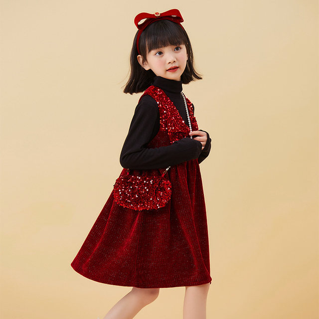 Girls' winter dress gold velvet dress medium and large children's autumn sweater thickened New Year's suit foreign style red skirt