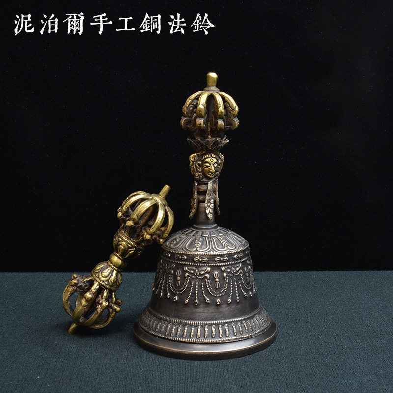 Mudbell handmade copper magic vessel Tibetan Buddhism old copper Vajrapani Tantric golden copper pestle hand cranked copper bell set