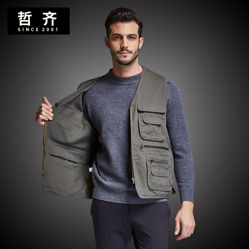 Frock multi-pocket fishing cotton vest men's elderly autumn and winter dad warm vest photography cotton waistcoat