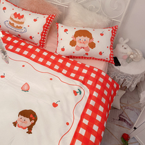 I am not Lulu original sweet red and white grid dessert girl heart pure cotton sheets net red three or four sets of bedding