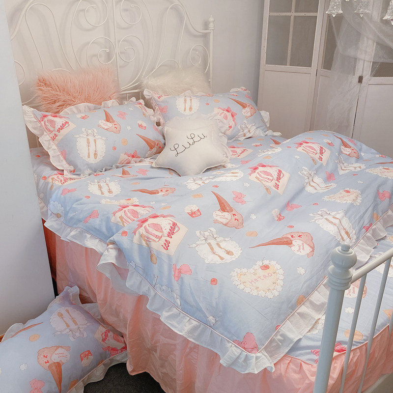 Gentle Reseller VL Original Design Teenage Girl Hearts Bedroom Bed Skirt Macaron Lace three-four pieces of pure cotton