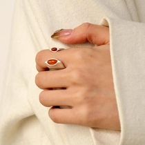 S925 sterling silver open stone agate open ring niche design handmade frosted texture wide ring