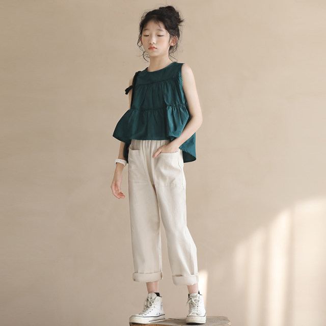 Girls' clothing fashionable suit western style summer 2023 new middle and big children's top children's nine-point casual pants two-piece set