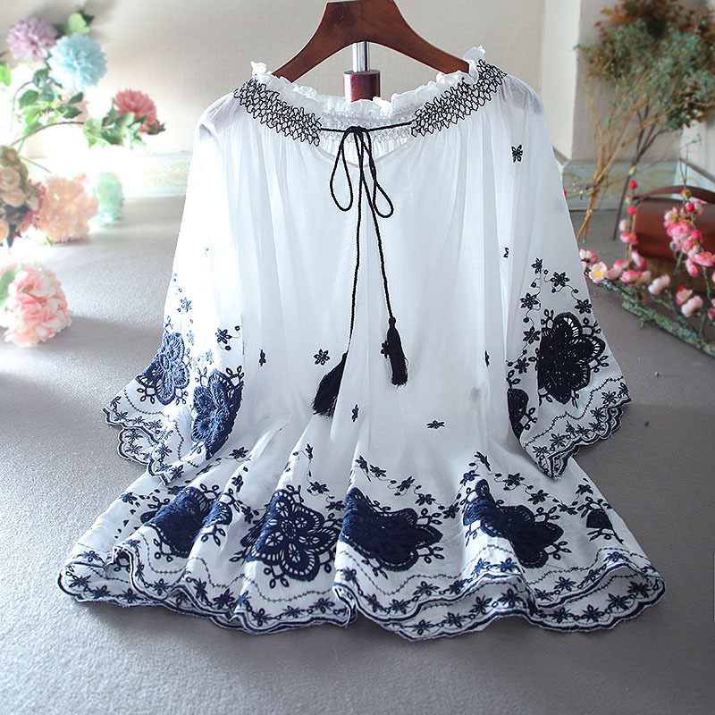 Original Retro Embroidered Floral A-Line Loose Slimming Ruffle Hem Top Pure Cotton Artistic High-Waisted Shirt for Summer