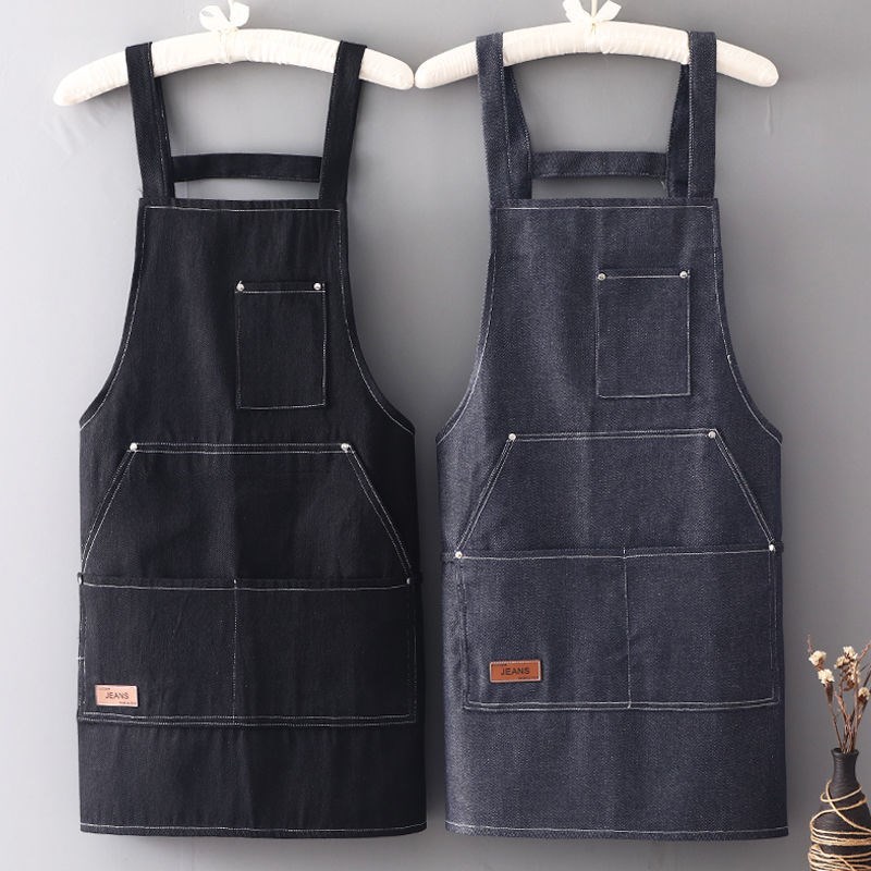 Thickened Denim Apron Dress Woman Pure Cotton Mesh Red Dining Hall Kitchen Breathable Wear and wear No drop of color Working adult Waistline Custom