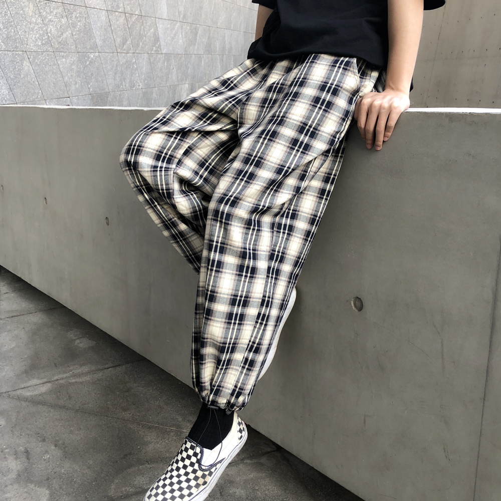 Quần đàn ông Hàn Quốc phiên bản của xu hướng loose-fitting xà cạp mặc retro Nhật kẻ sọc quần chín điểm mùa hè mỏng quần thể thao giản dị