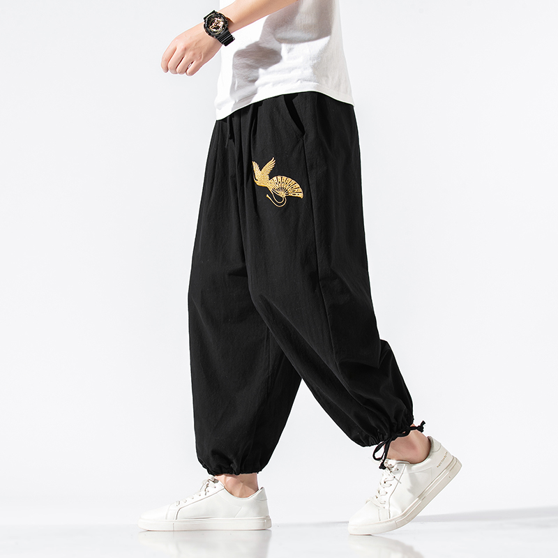 Linen quần của nam giới mùa hè sweatpants lỏng xà cạp gió Trung Quốc thêu bông quần chín điểm xu hướng lớn mã