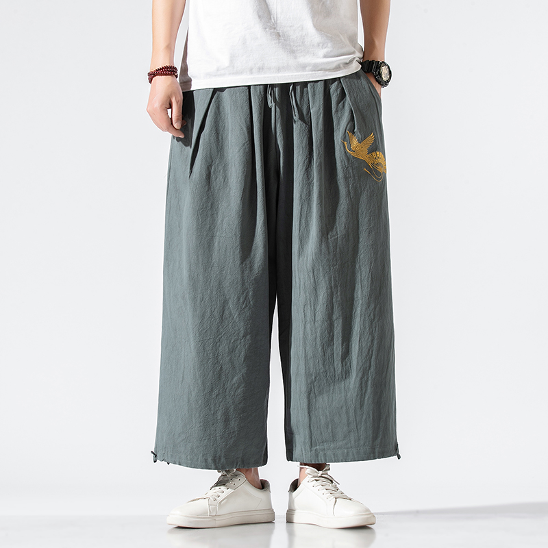 Linen quần của nam giới mùa hè sweatpants lỏng xà cạp gió Trung Quốc thêu bông quần chín điểm xu hướng lớn mã