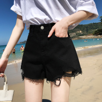 Denim shorts women 2021 new summer thin high waist thin black a-shaped loose burrs hot pants tide ins