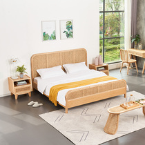 Nordic solid wood bed modern and simple ash wood master bedroom Japanese-style log single and double bed rattan bed and breakfast inn king bed
