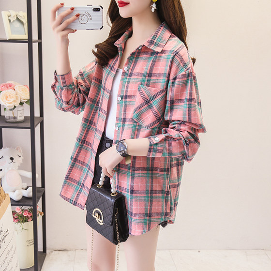 Plaid shirt women's 2023 spring and autumn new Korean version loose long-sleeved brushed retro Hong Kong style early autumn top coat