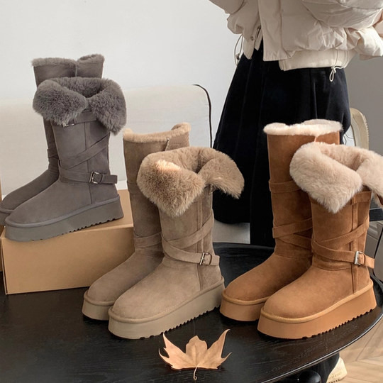 Women's thick-soled gray snow boots 2025 winter long