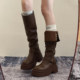 棕色复古英伦风粗跟厚底长筒靴女2025新款秋冬季显瘦长靴骑士靴子