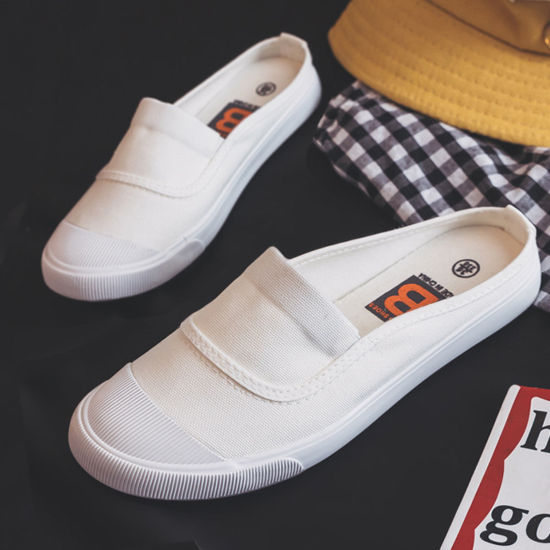 Half-trail canvas shoes female students without heel 2022 autumn new Korean version all-match lazy slip-on small white shoes trend