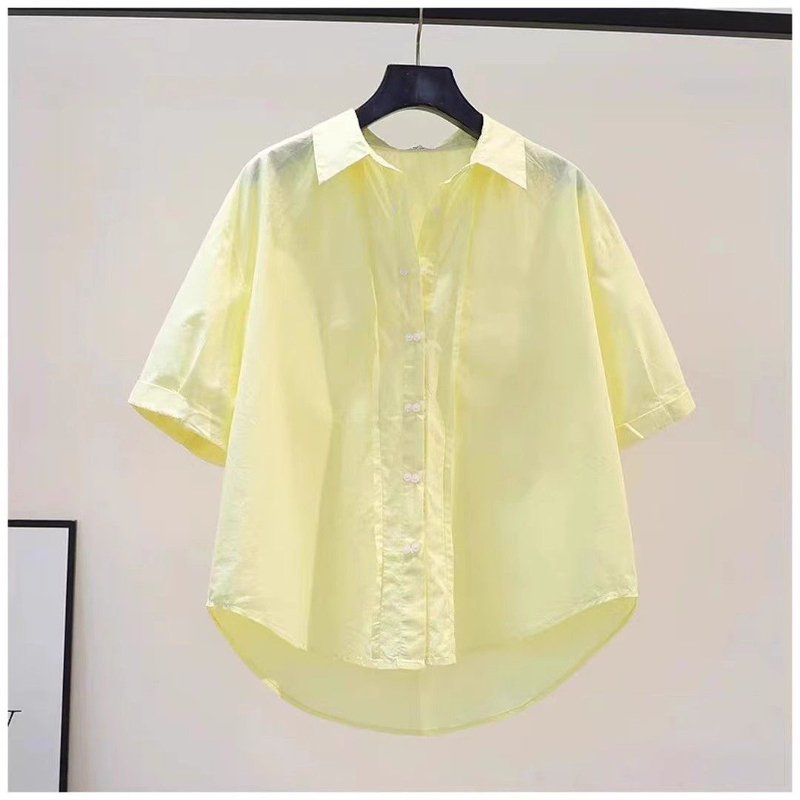 Fresh and Simple Yellow Cotton Shirt for Women, Double-Breasted, Loose Short-Sleeve Shirt, 2025 Summer Casual Versatile Top, Trendy Fresh and Simple Yellow Cotton Shirt for Women, Double-Breasted, Loose Short-Sleeve Shirt, 2025 Summer Casual Versatile Top, Trendy