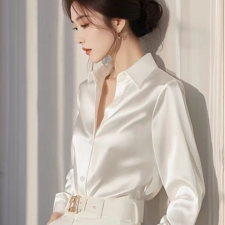 High-End Elegant Professional Long-Sleeve Heavy Satin Acetate Shirt 2025 Spring/Summer New Formal Versatile Blouse Top
