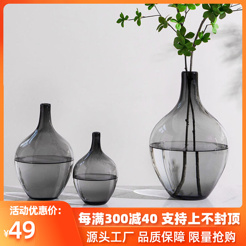 Modern light luxury hydroponic floor-to-ceiling glass big belly bottle horse drunk wood special vase decoration living room flower arrangement extra large