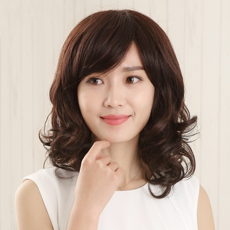 Mother's Wig Medium-length curly hair Oblique stay sea Wig women's long curly hair Middle-aged and elderly wig set Medium-length curly hair