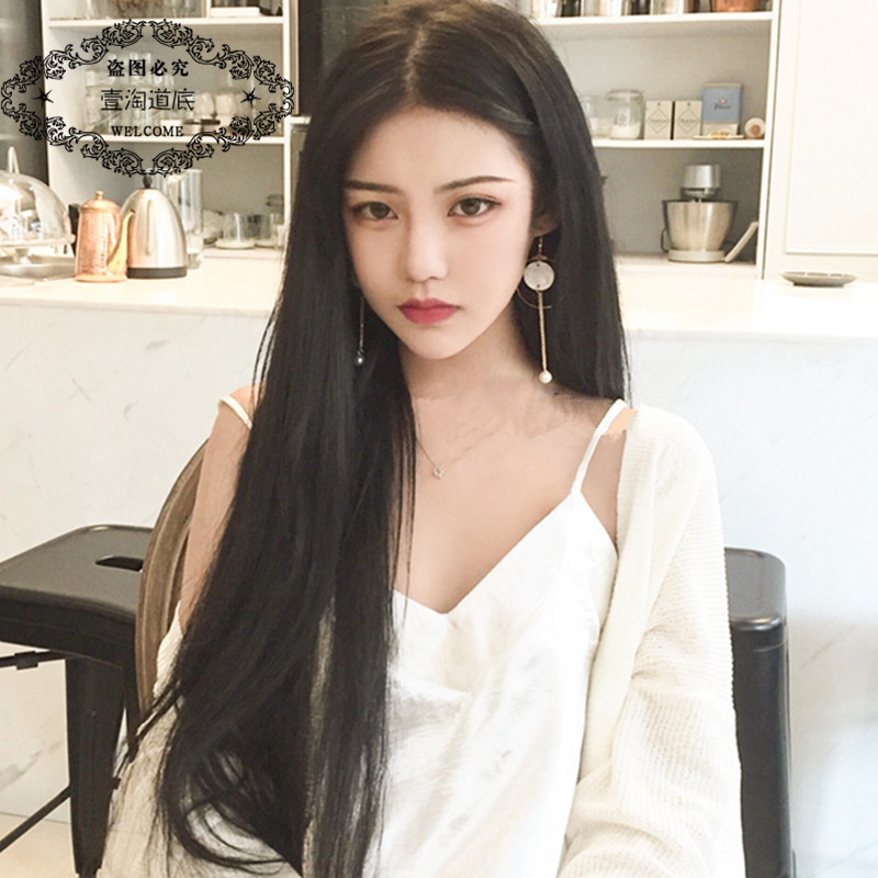 Wig women's long straight hair middle part bangs invisible seamless U-shaped half headgear black fashion student face-shaving wig piece