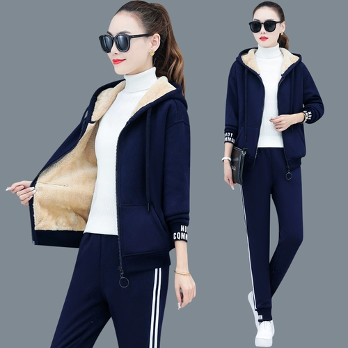 Спортивный костюм, бархатная толстовка с капюшоном, джинсы с начесом, комплект, большой размер, 2020