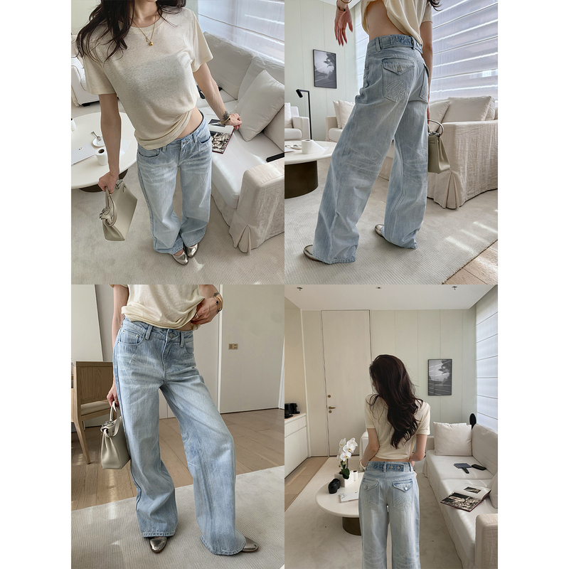 70 Is Not Seventy, Heavy-Duty Style, Vintage Washed Blue Wide-Leg Jeans for Women, Slimming, Loose, Straight-Leg, Floor-Length Pants