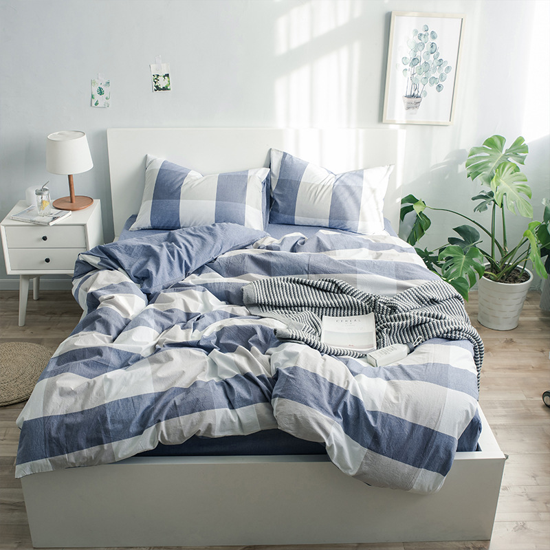 Japan-style Washed Cotton Four Pieces All Cotton Bare Sleeping Soft Pure Cotton Simple grid sheet Quilt Cover Bedding bedding Kit