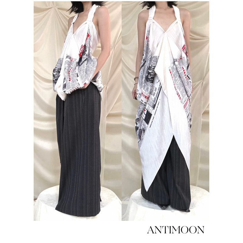 Newspaper Commemorative Edition Print Soft Pleated Layered Cool Backless Vacation Style Silk Scarf Dress