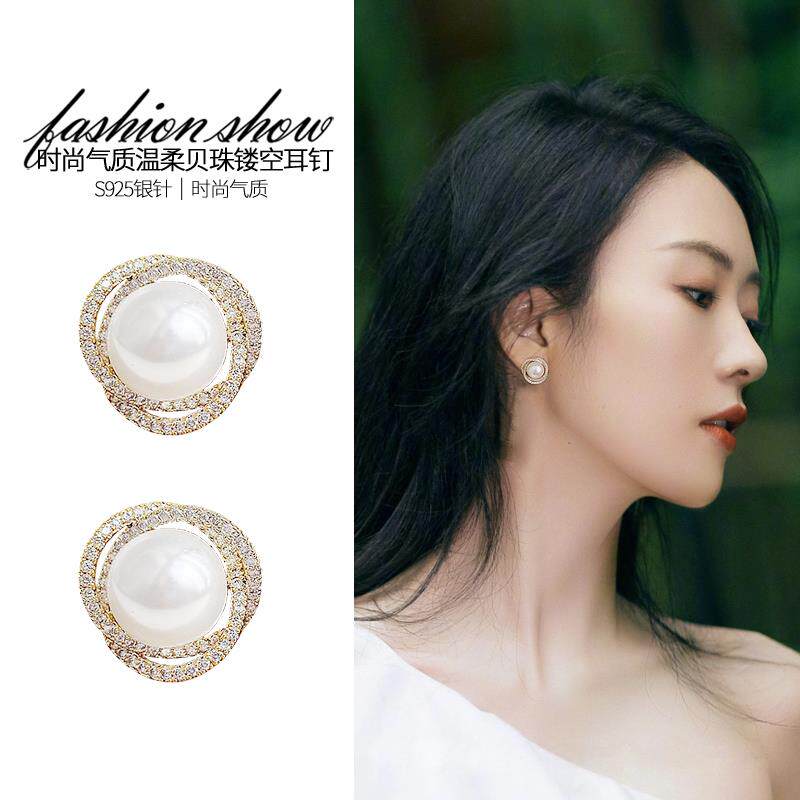 Retro cold wind full of diamond pearl earrings 2021 popular models suitable for ear clips without ear piercings high-end sterling silver earrings