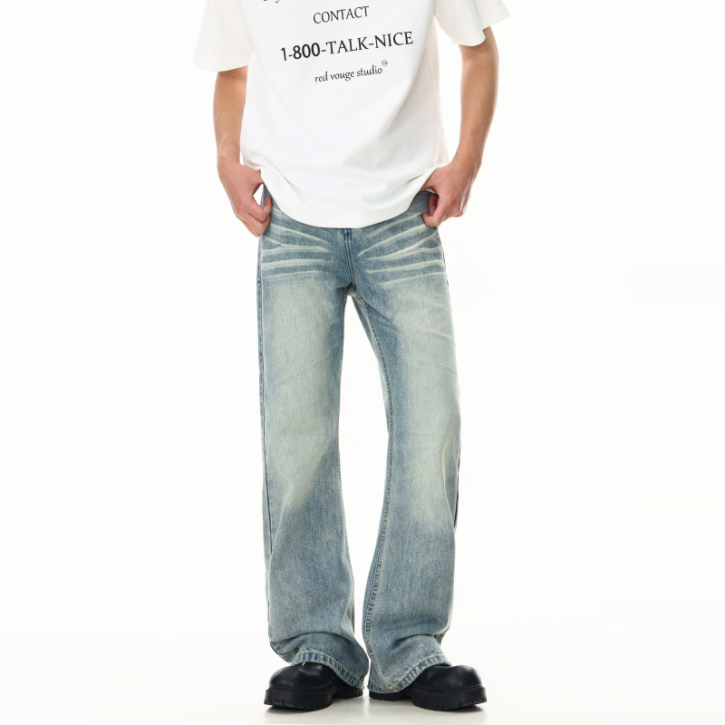 Red Vouge Washed Bootcut Micro-Flared Pleated Distressed Jeans