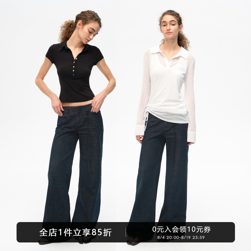 Smiiile Retro Original Color Washed No-Waistband Wide-Leg Jeans for Women, Low-Waist, Loose, Slimming Straight-Leg Pants for Autumn