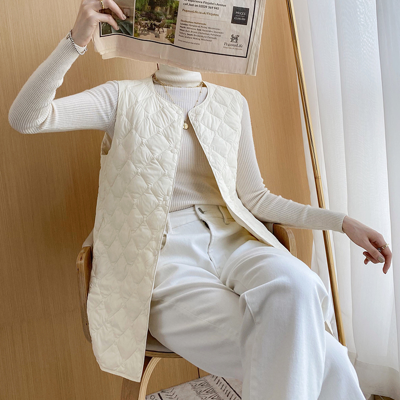 Down Jacket Vest, Lightweight, Round Neck, 2022 New Style, Women's V-Neck, Dual-Use, Mid-Length Vest