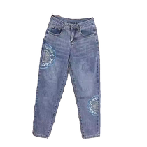 Retro embroidered denim cropped pants for women 2024 summer new style high-waisted slimming thin eight-quarter harem pants for small people