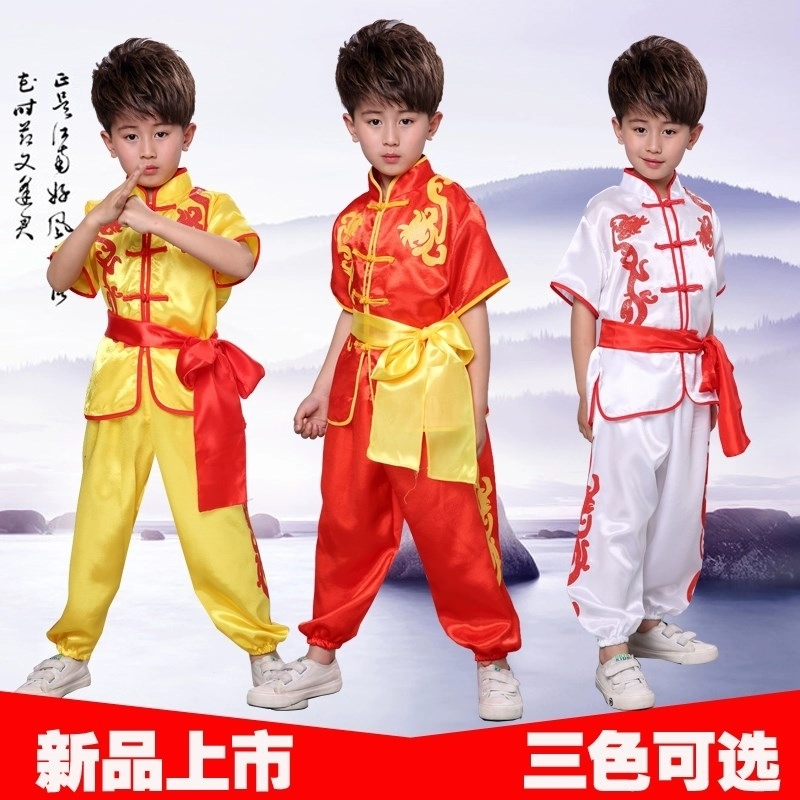 Kung Fu quần áo Ngày trẻ em Thiếu Lâm Võ thuật Trẻ em Khiêu vũ Tay ngắn Trang phục Biểu diễn Quần áo Biểu diễn Cậu bé Anh hùng - Trang phục