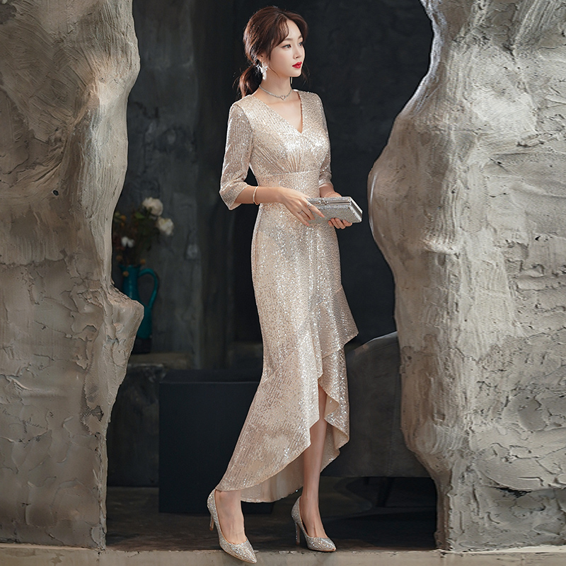 Nail sequins, advanced evening dress for mother, skirt, champagne color, high-quality style, light luxury style, fish tail, suitable for teen Nail sequins, advanced evening dress for mother, skirt, champagne color, high-quality style, light luxury style, fish tail, suitable for teen