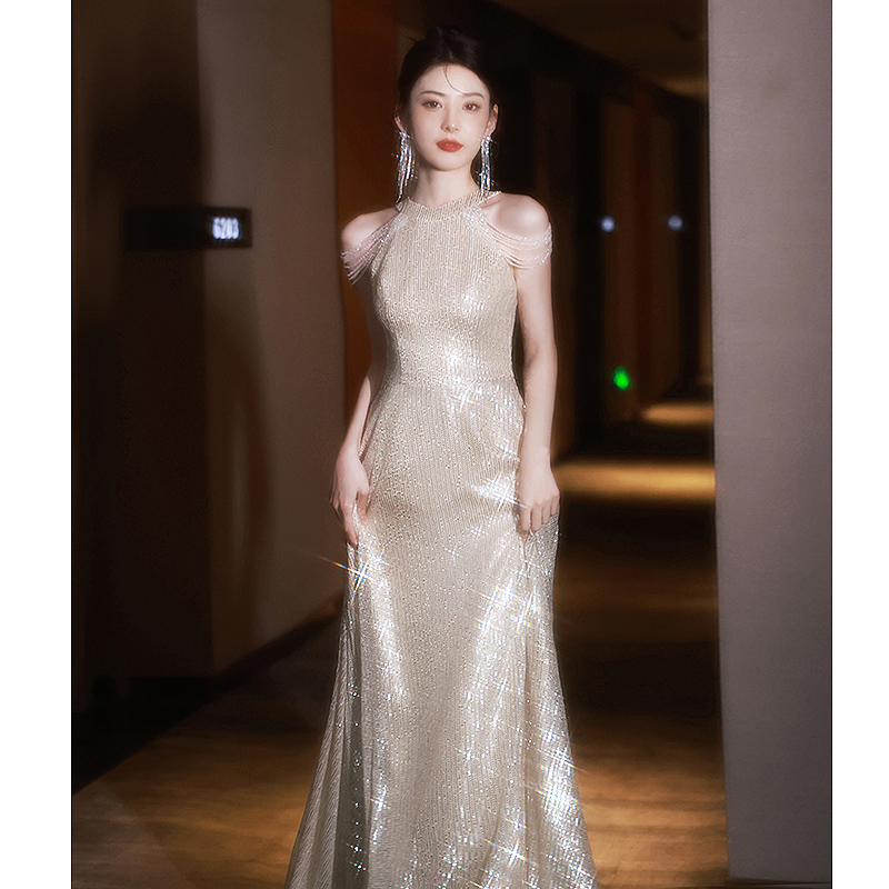 Nail sequins, advanced elite evening dress, high-quality style, light luxury style, champagne color