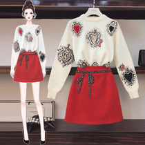 Large size womens 2020 new spring dress Western Air Age fat sister sweater skirt subnet red thin two-piece set