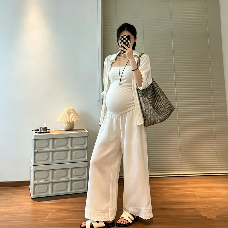 Maternity White Linen Casual Pants for Women, New Summer Style with Embroidered Lace Trim, Loose-Fitting Maternity Cropped Straight-Leg Pants