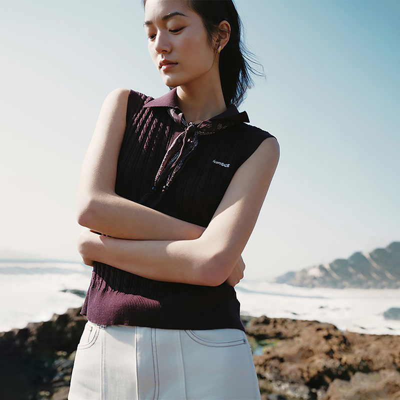 Ariose Early Autumn New College Style Lapel Ribbon Knitwear Women's Sleeveless Sweater Vest Top Ariose Early Autumn New College Style Lapel Ribbon Knitwear Women's Sleeveless Sweater Vest Top