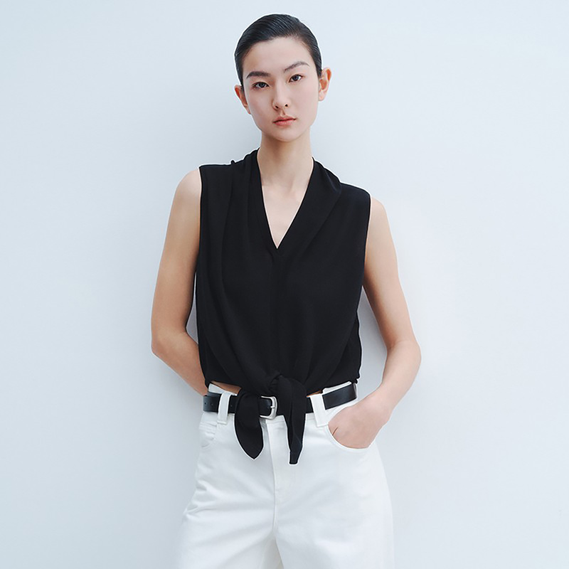 Ariose Commuting Sleeveless V-Neck Tie Shirt Women's Black Loose Tie Knit Top Ariose Commuting Sleeveless V-Neck Tie Shirt Women's Black Loose Tie Knit Top