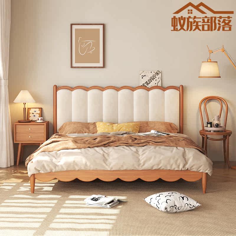 Ant tribe modern minimalist Japanese cherry wood log bed retro master bedroom technology cloth 1 8m double bed